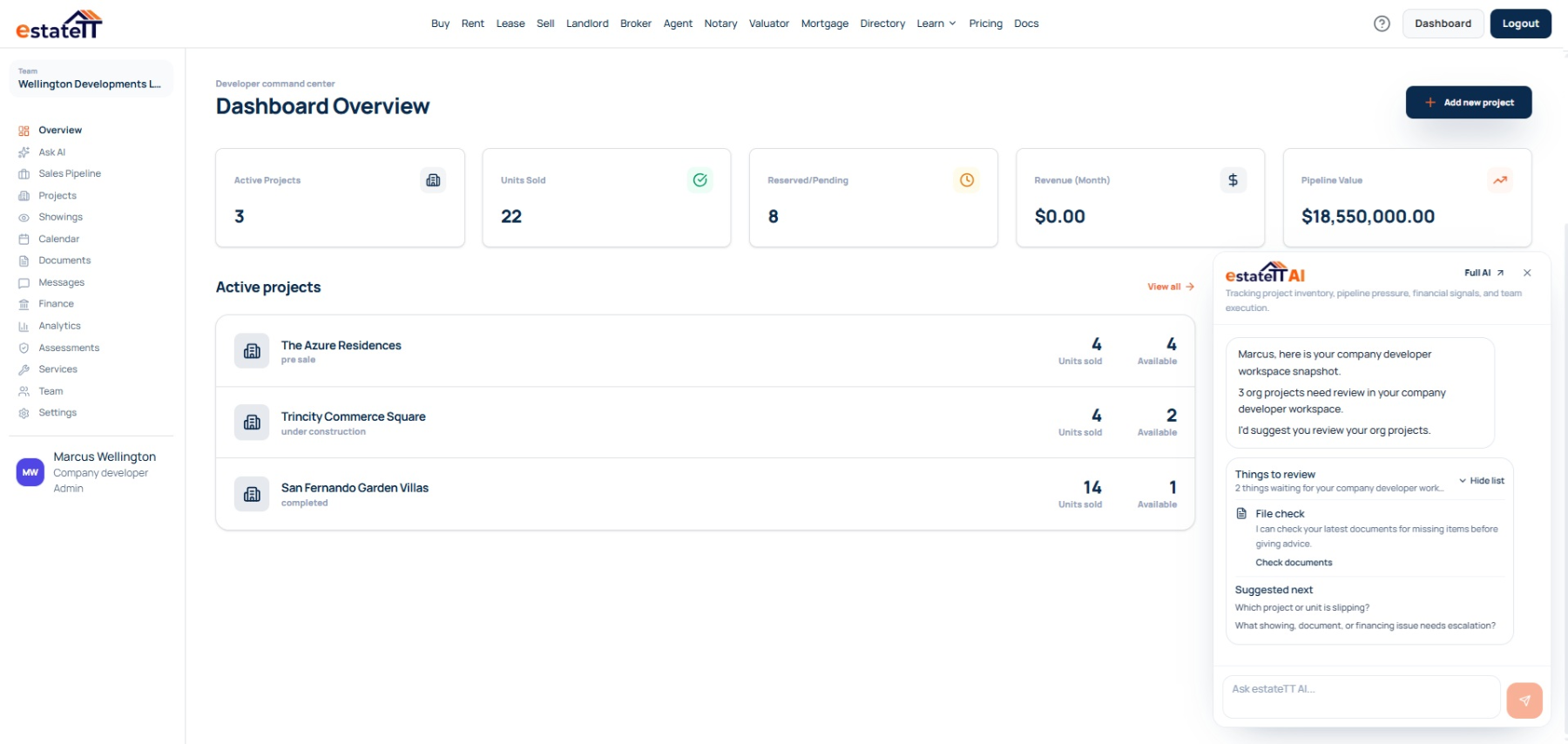 estateTT developer dashboard showing project, unit, and buyer pipeline activity