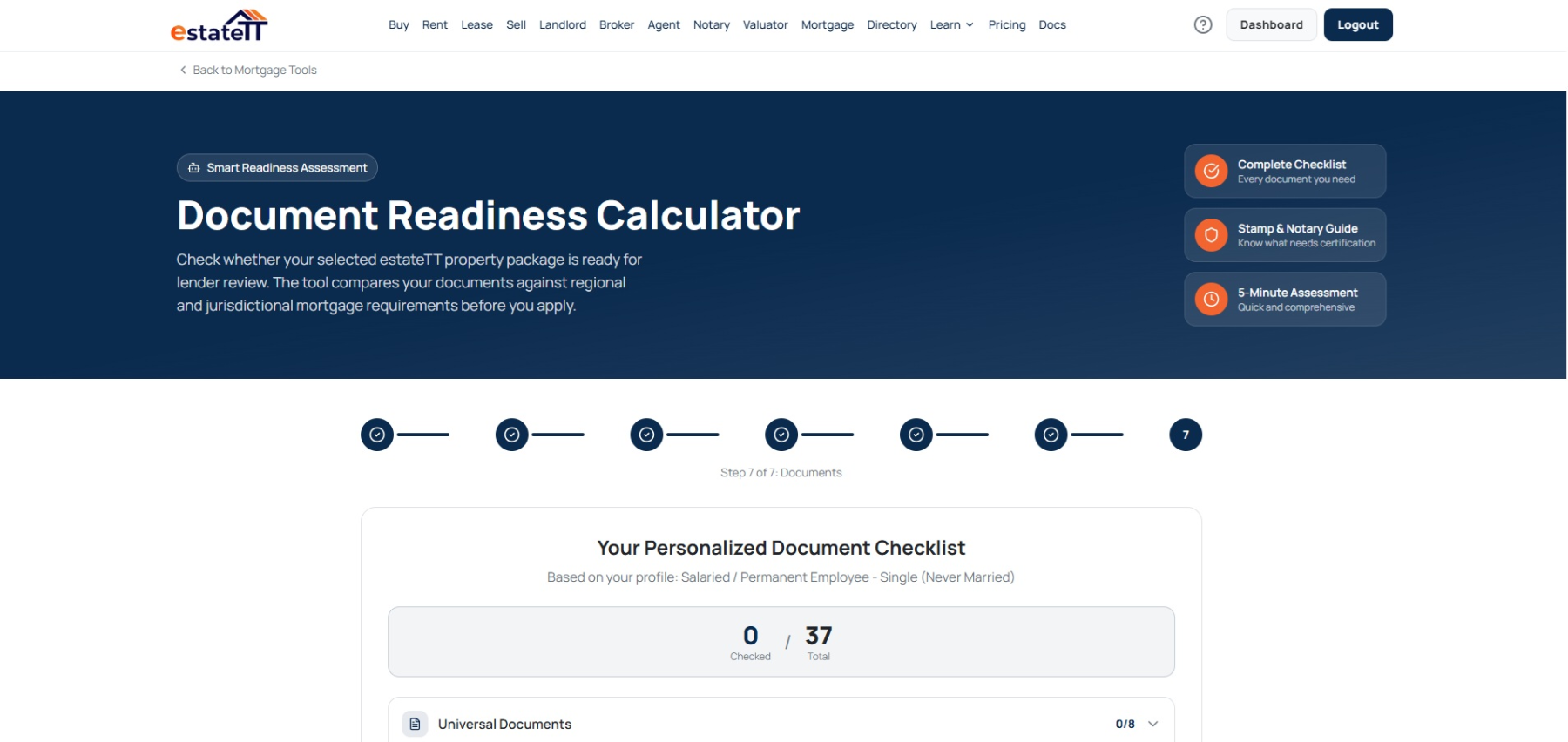 estateTT mortgage readiness assessment showing a personalized document checklist