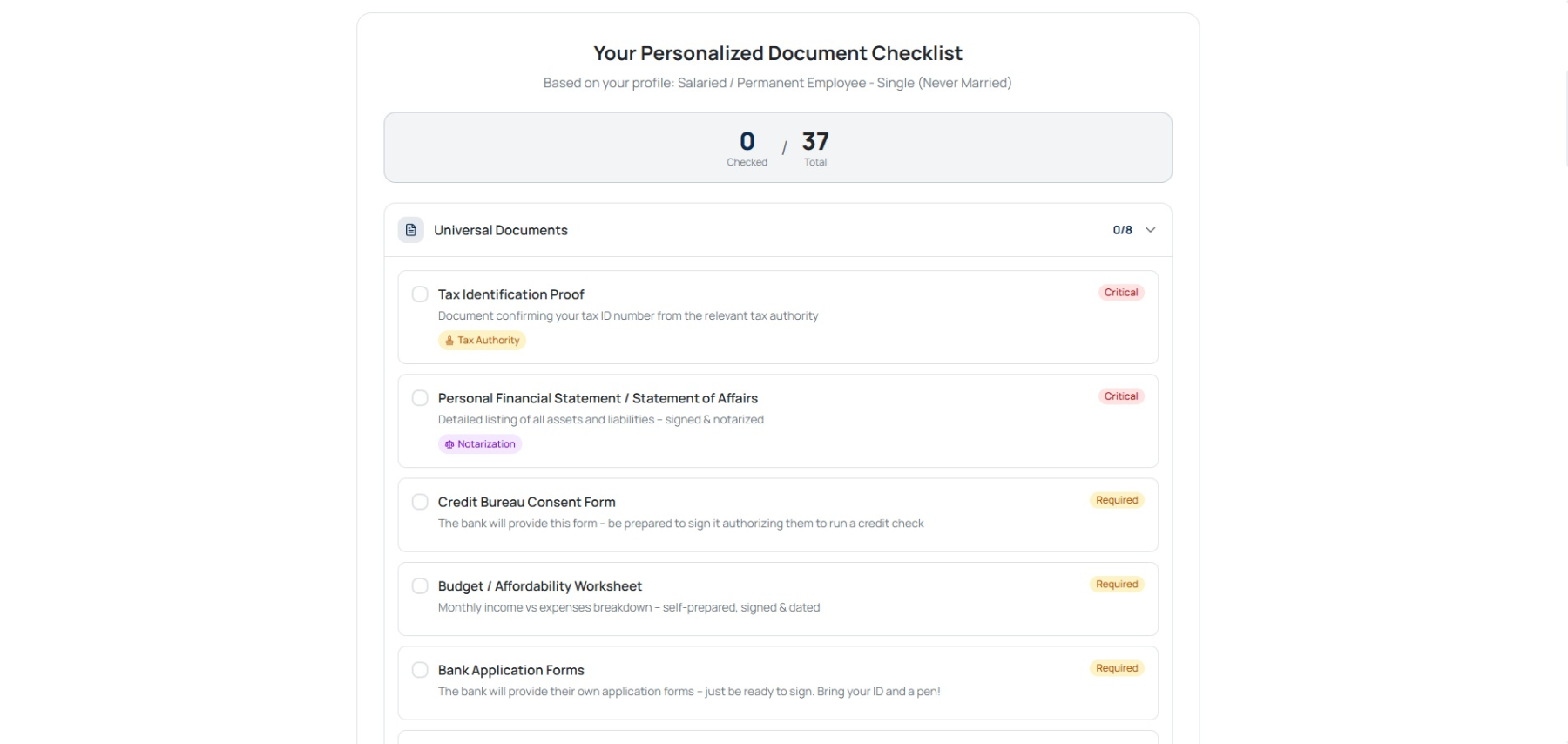 estateTT personalized mortgage document checklist