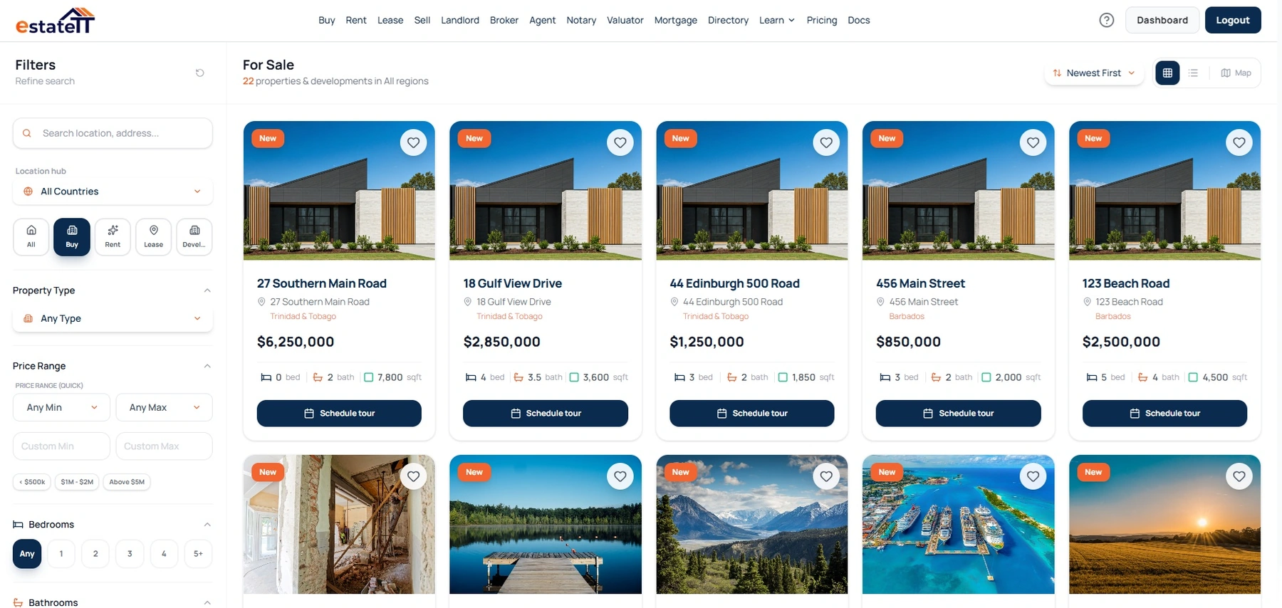 estateTT property search page showing properties available to buy